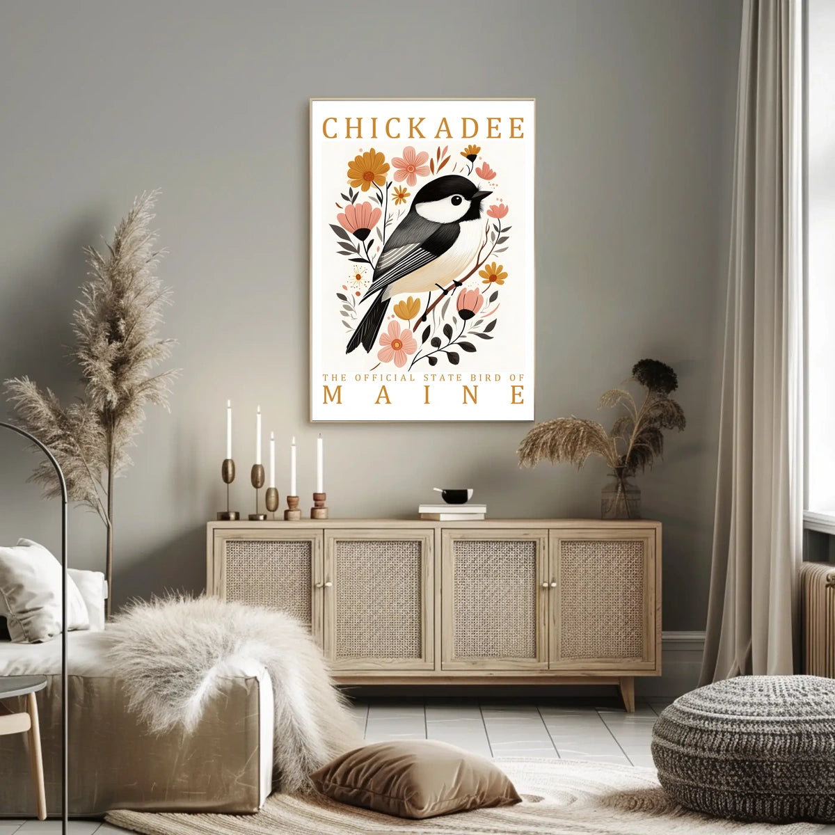 Chickadee Maine State Bird Botanical Art Poster