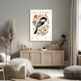 Chickadee Maine State Bird Botanical Art Poster