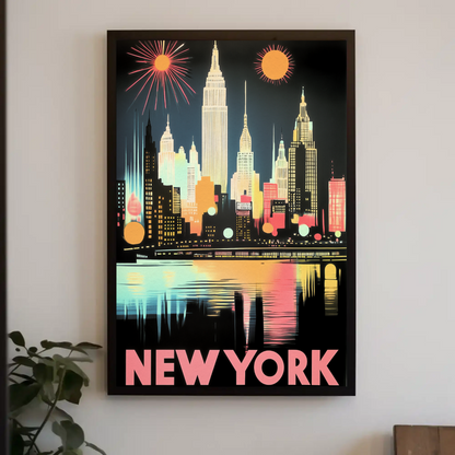 New York Night Skyline Neon Glow Lights Poster