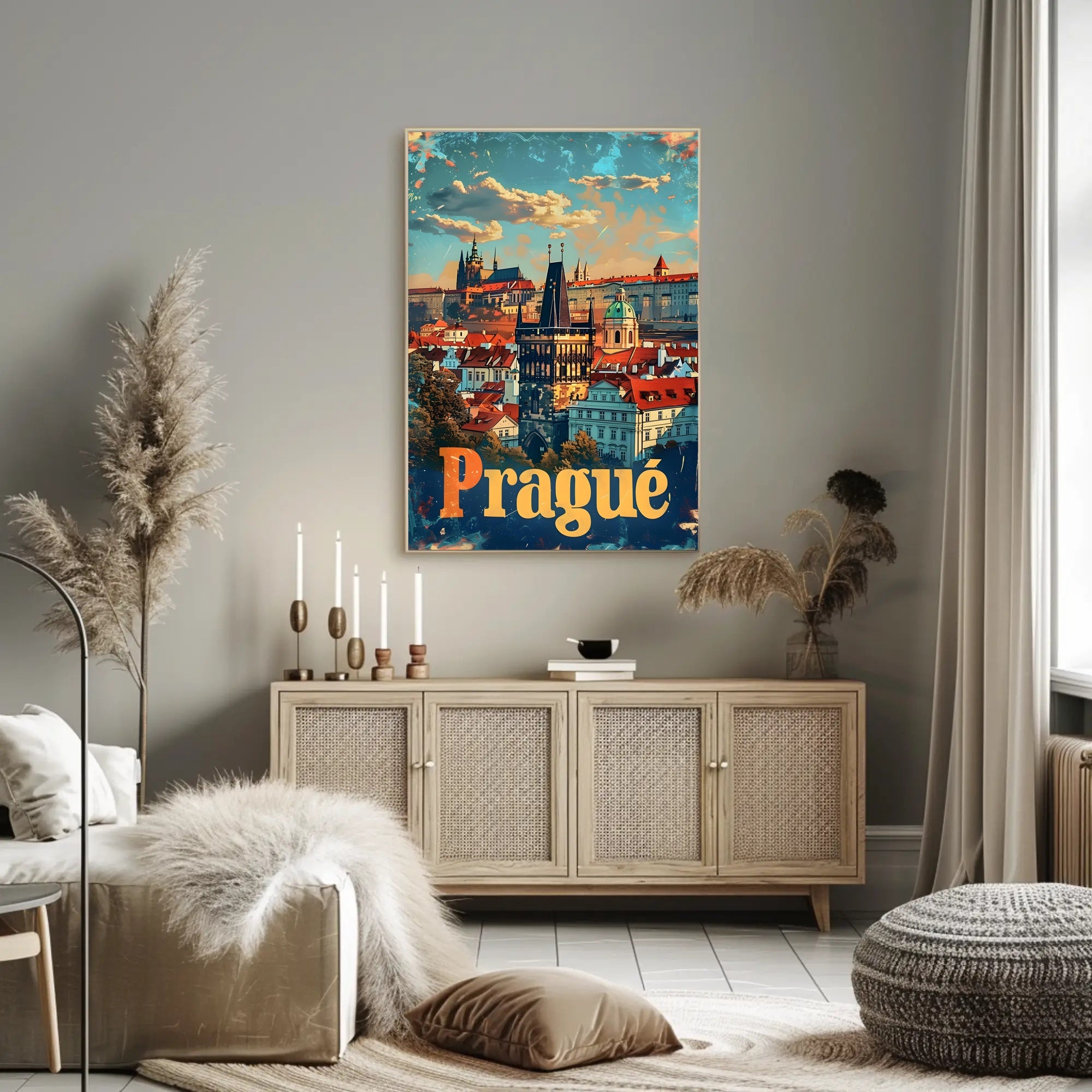 Prague Skyline Art Deco Travel Poster