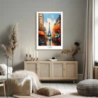 Parisian Street with Eiffel Tower Urban Cityscape Poster PosterGoat