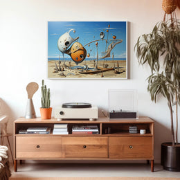 Surreal Desert Landscape with Futuristic Sculptures - Artistic Poster