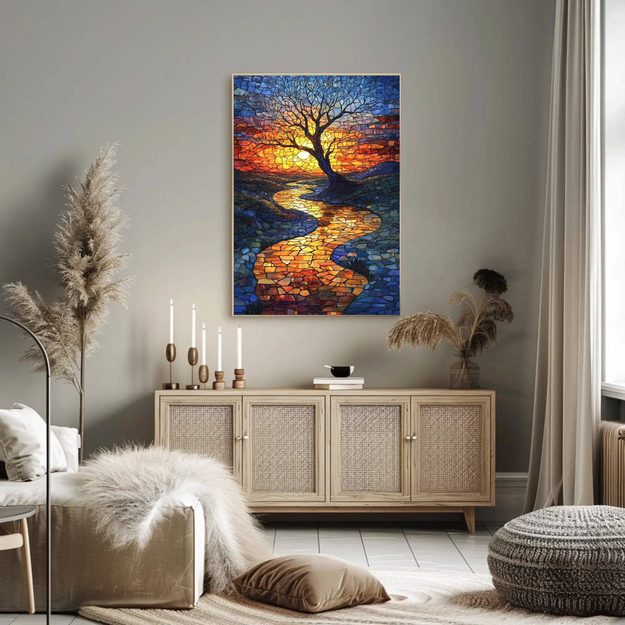 Vibrant Mosaic Sunset Landscape Artistic Poster