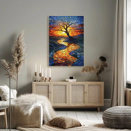 Vibrant Mosaic Sunset Landscape Artistic Poster