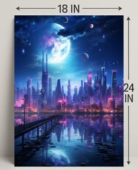 Neon Cityscape Under A Cosmic Sky Poster