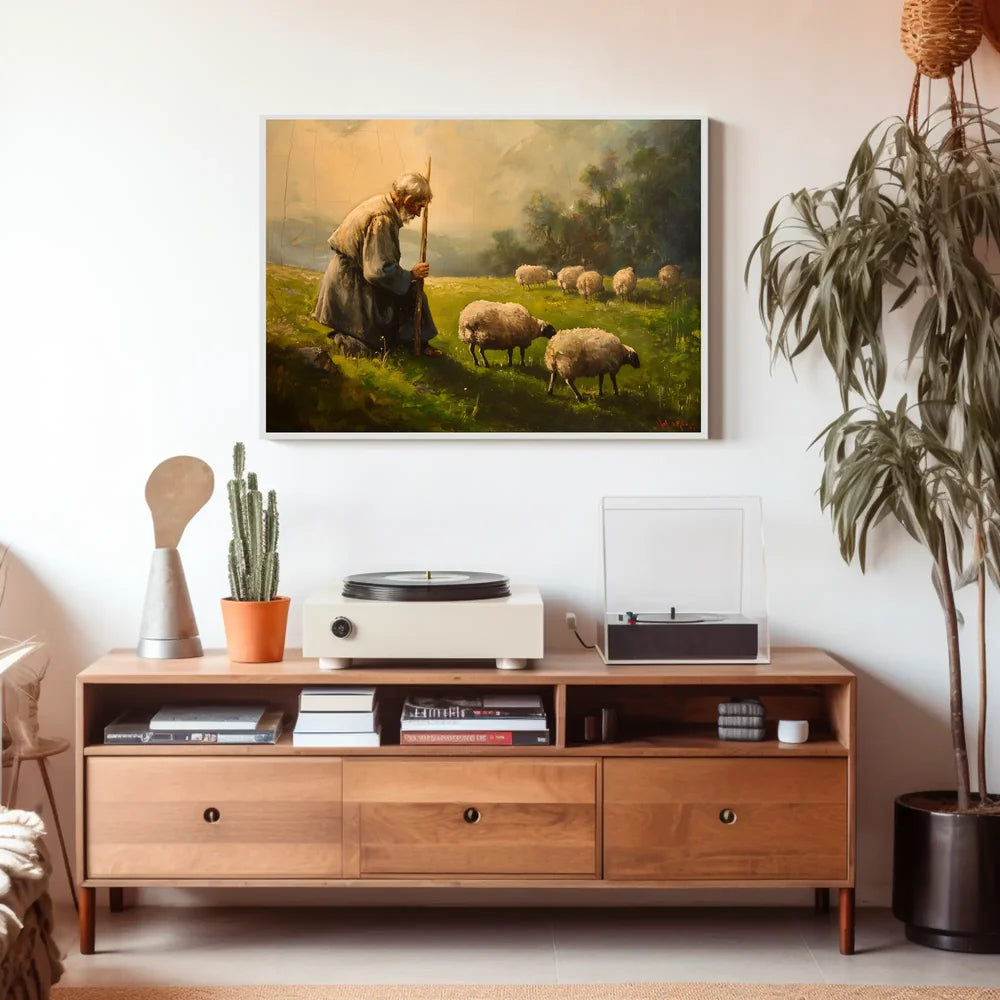 Pastoral Serenity: Shepherd and Sheep in Misty Meadow