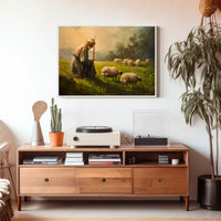 Pastoral Serenity: Shepherd and Sheep in Misty Meadow