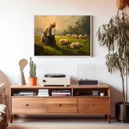 Pastoral Serenity: Shepherd and Sheep in Misty Meadow