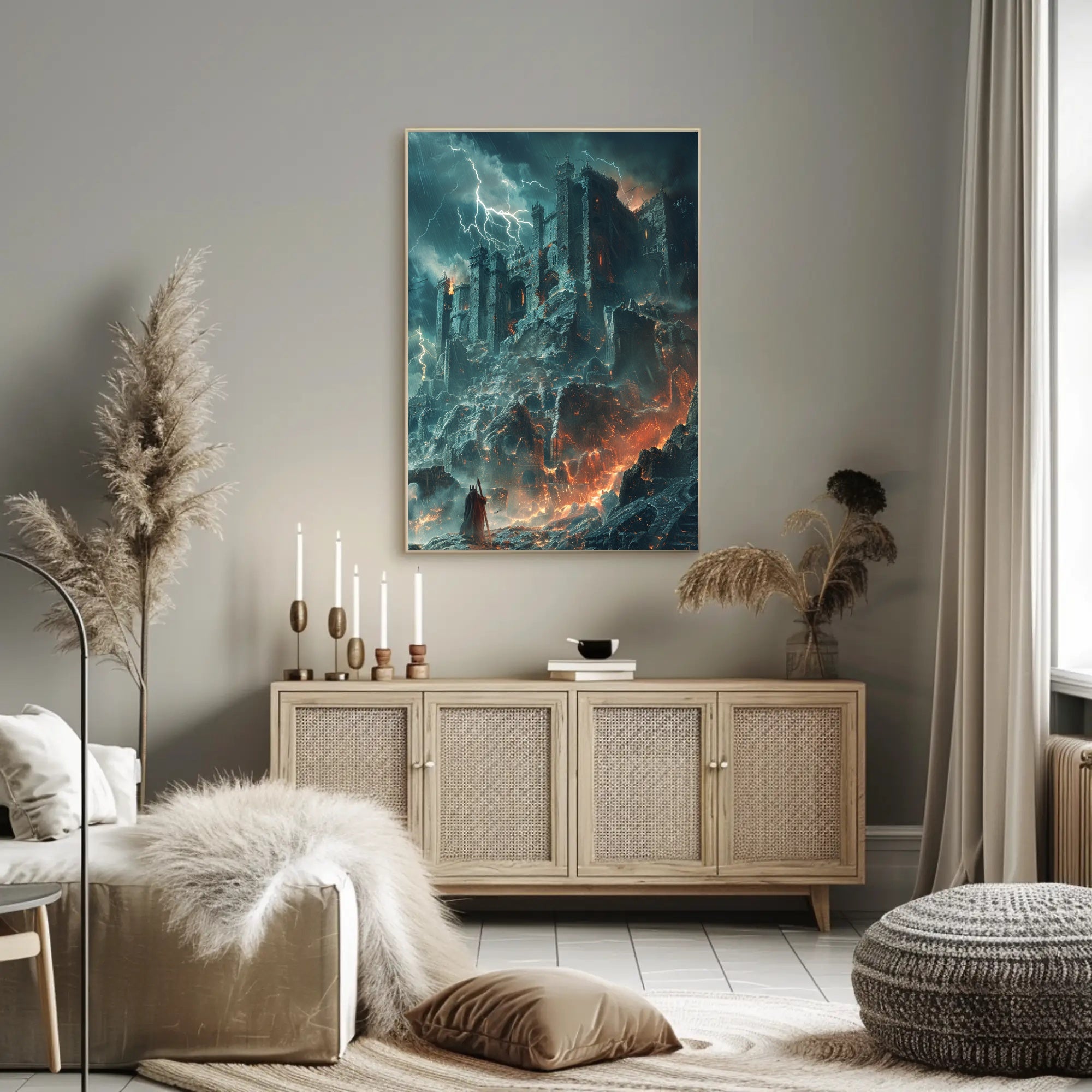 Dark Fortress in Fiery Storm - Fantasy or Mythology Poster PosterGoat
