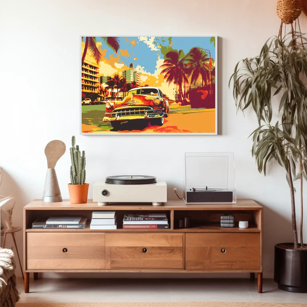 Vintage Car Tropical Cityscape Pop-Art Poster