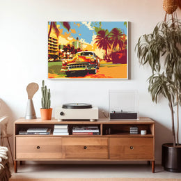 Vintage Car Tropical Cityscape Pop-Art Poster