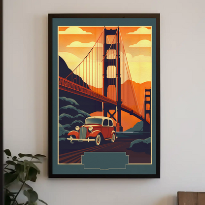 Golden Gate Bridge Vintage Car Drive Travel Poster