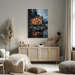 Modern Mountain Retreat in Snowy Forest Poster