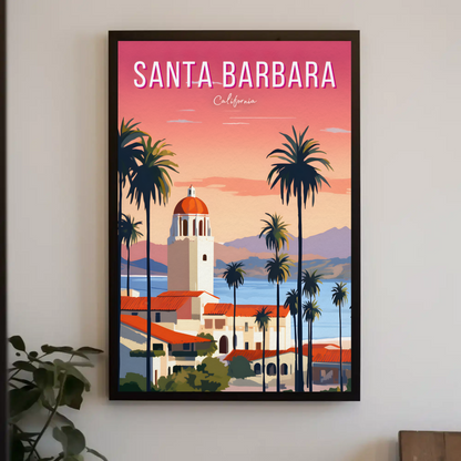 Santa Barbara California Palm Coast Sunset Travel Poster