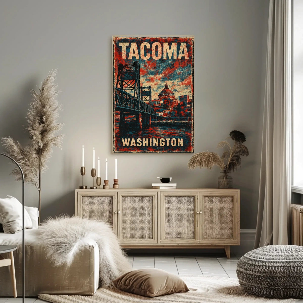 Tacoma Washington Skyline Harbor View Photography Realism Watercolor Timeless Coastal Urban Cityscape Poster
