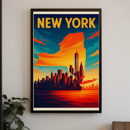 New York State Outline Skyline Sunset Silhouette Travel Poster