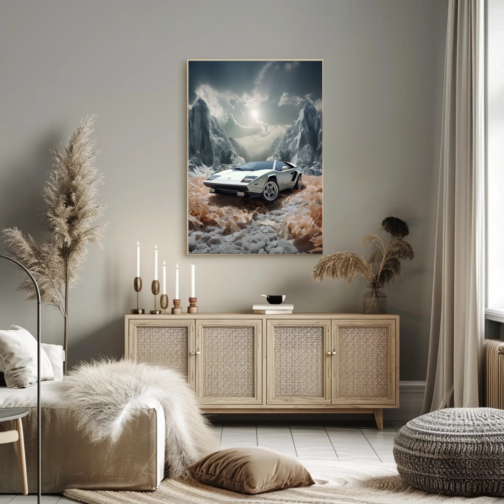 Classic Supercar in a Surreal Landscape Poster PosterGoat
