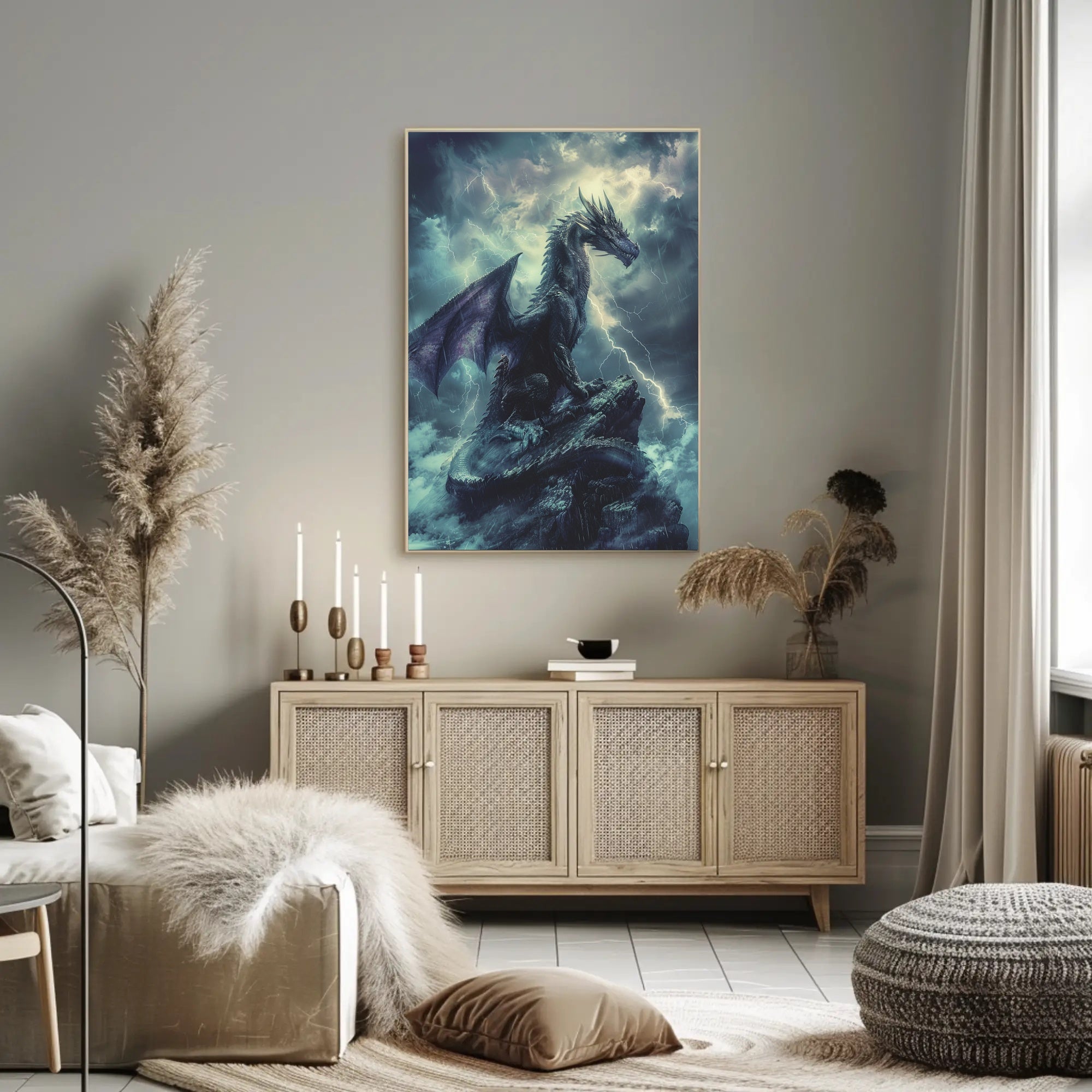 Majestic Dragon Amidst Storm Fantasy or Mythology Poster PosterGoat