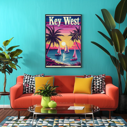 Key West Sailboats at Sunset Vintage Style Poster