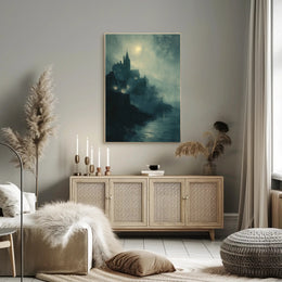Gothic Castle Overlooking Moonlit Cliff: Fantasy or Mythology Poster PosterGoat