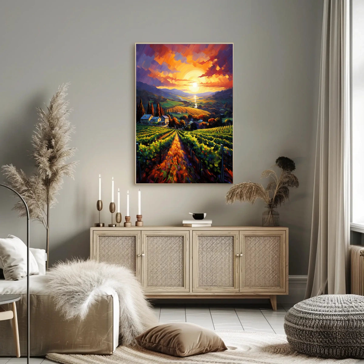 Vibrant Vineyard Sunset Landscape Impressionistic Artistic Poster