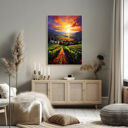 Vibrant Vineyard Sunset Landscape Impressionistic Artistic Poster