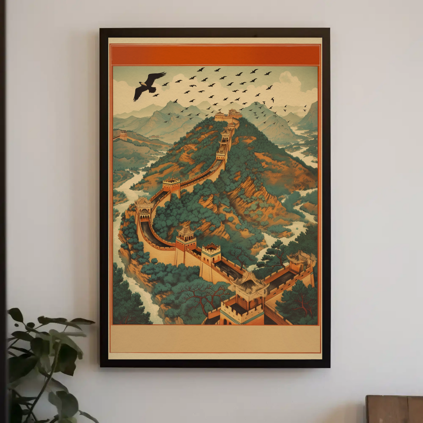 Great Wall Soaring Eagle Over Mountains Travel Poster