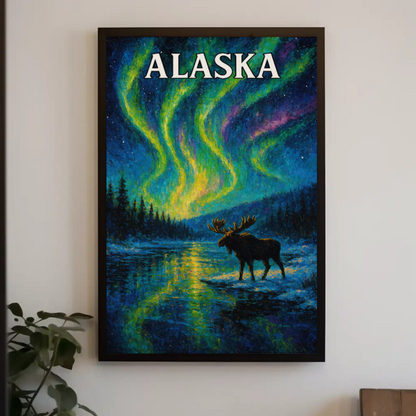 Alaska Aurora Borealis Moose Night Sky Travel Poster