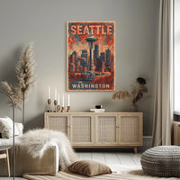 Seattle Space Needle Retro Urban Cityscape Travel Poster