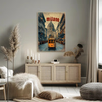 Vintage Tram Scene in Historic Milan Urban or Cityscape Poster