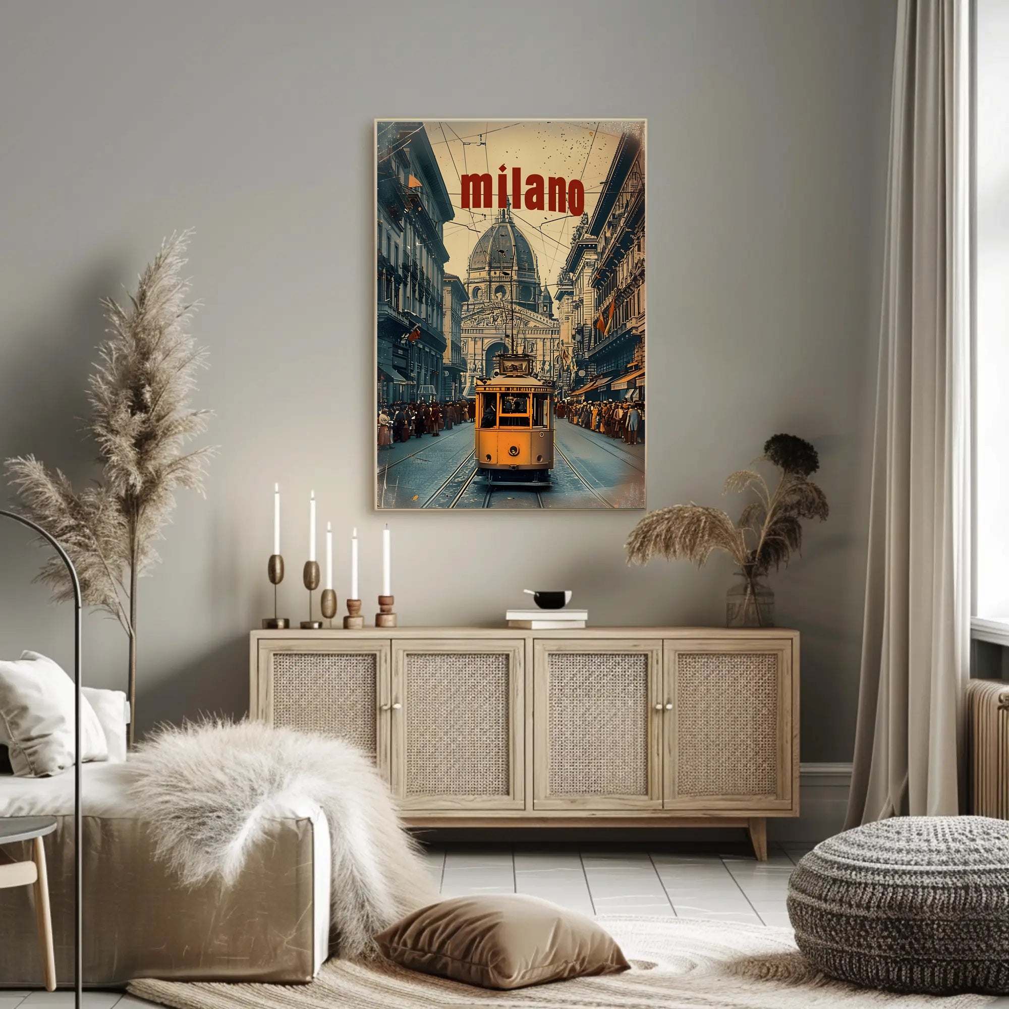 Vintage Tram Scene in Historic Milan Urban or Cityscape Poster
