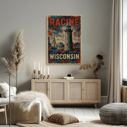 Racine Wisconsin Lighthouse Coastal Watercolor Poster