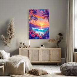 Tropical Sunset Beach Scene Illustrated Poster