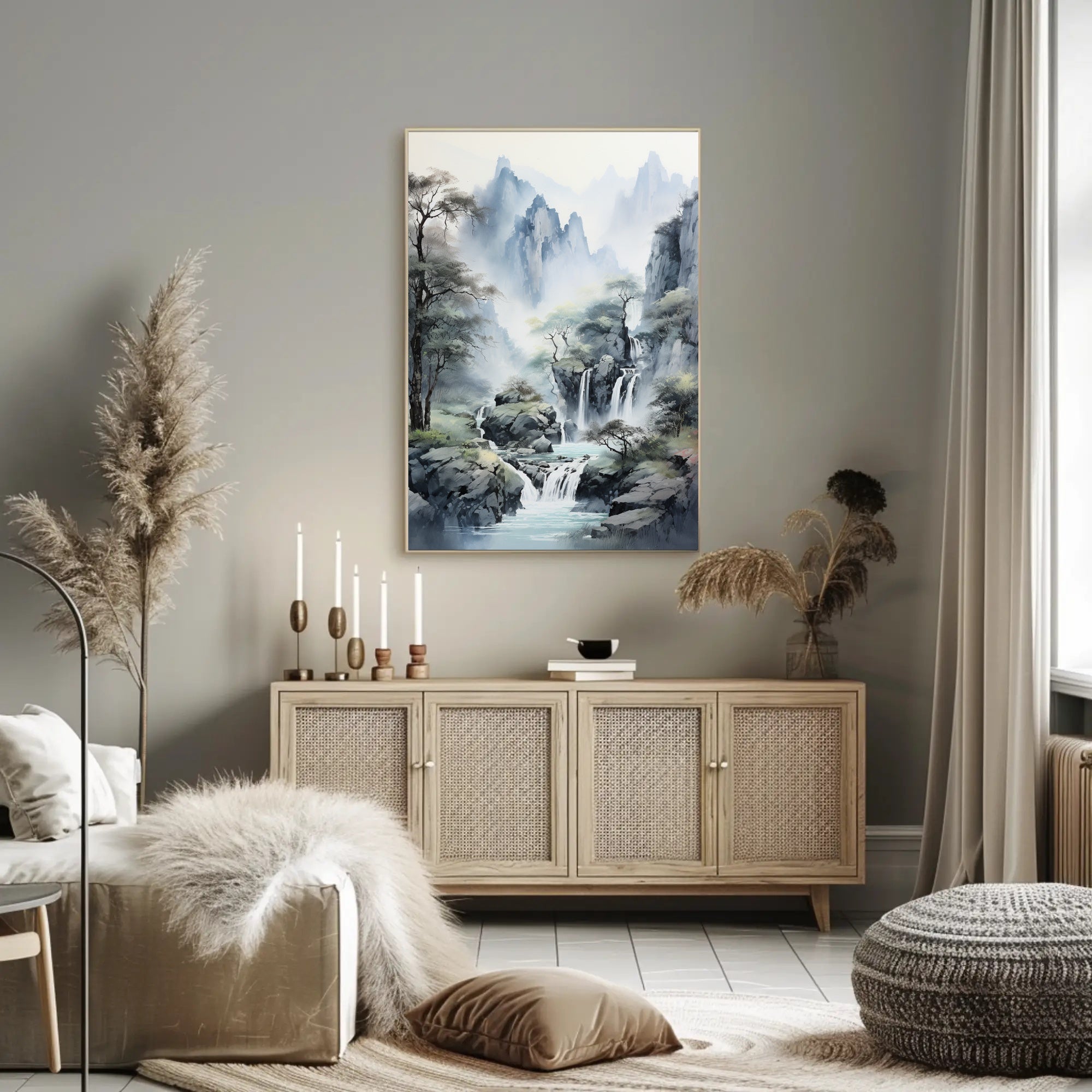 Tranquil East Asian Landscape Waterfall Scenic Poster
