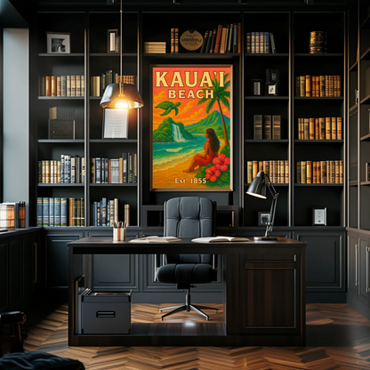 Kauai Beach Hawaii Waterfall Turtle Est 1855 Vintage Travel Poster