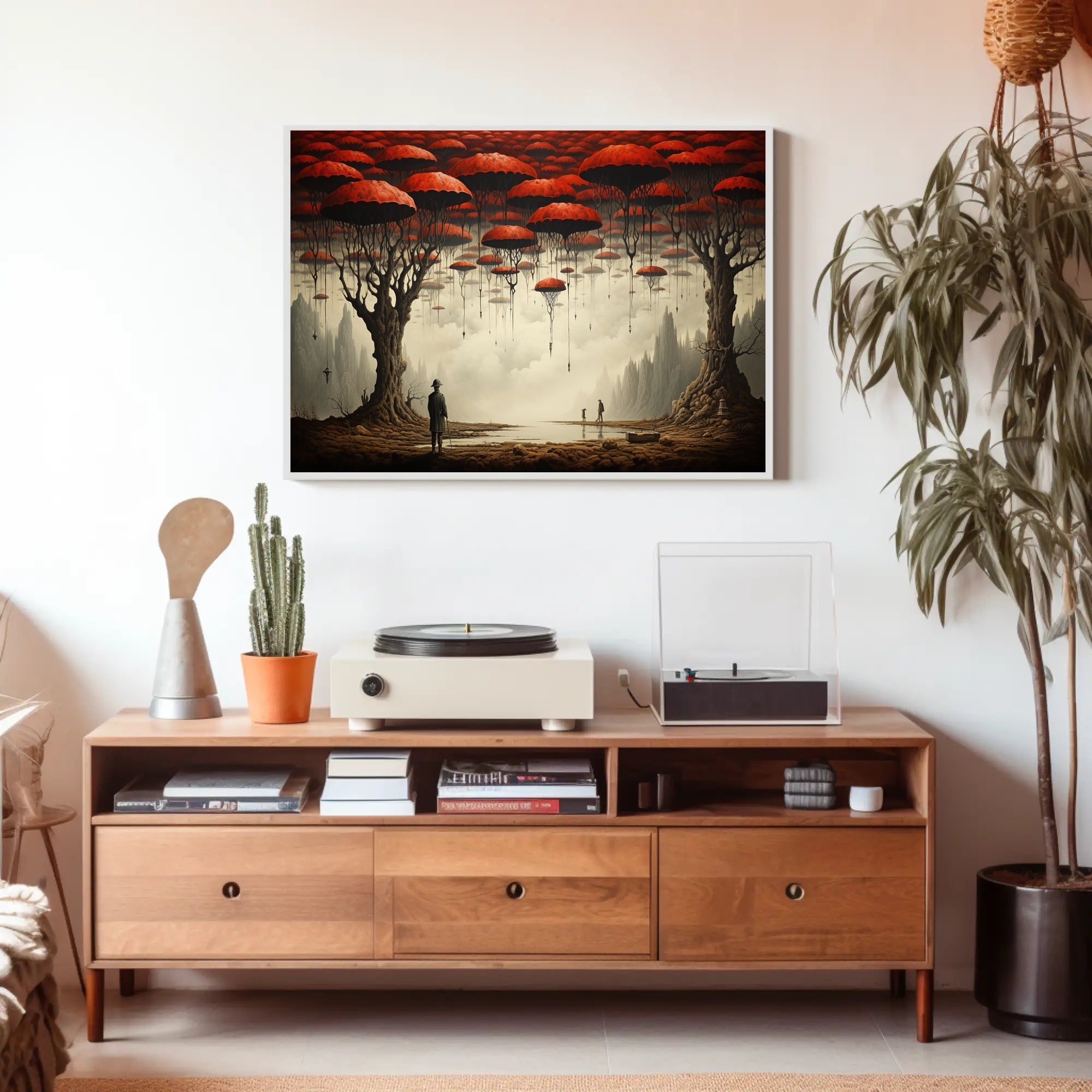 Surreal Dreamscape with Red Trees: Fantasy or Mythology Poster