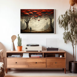 Surreal Dreamscape with Red Trees: Fantasy or Mythology Poster