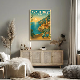 Amalfi Coast Vintage Travel Poster, Sunset Scene