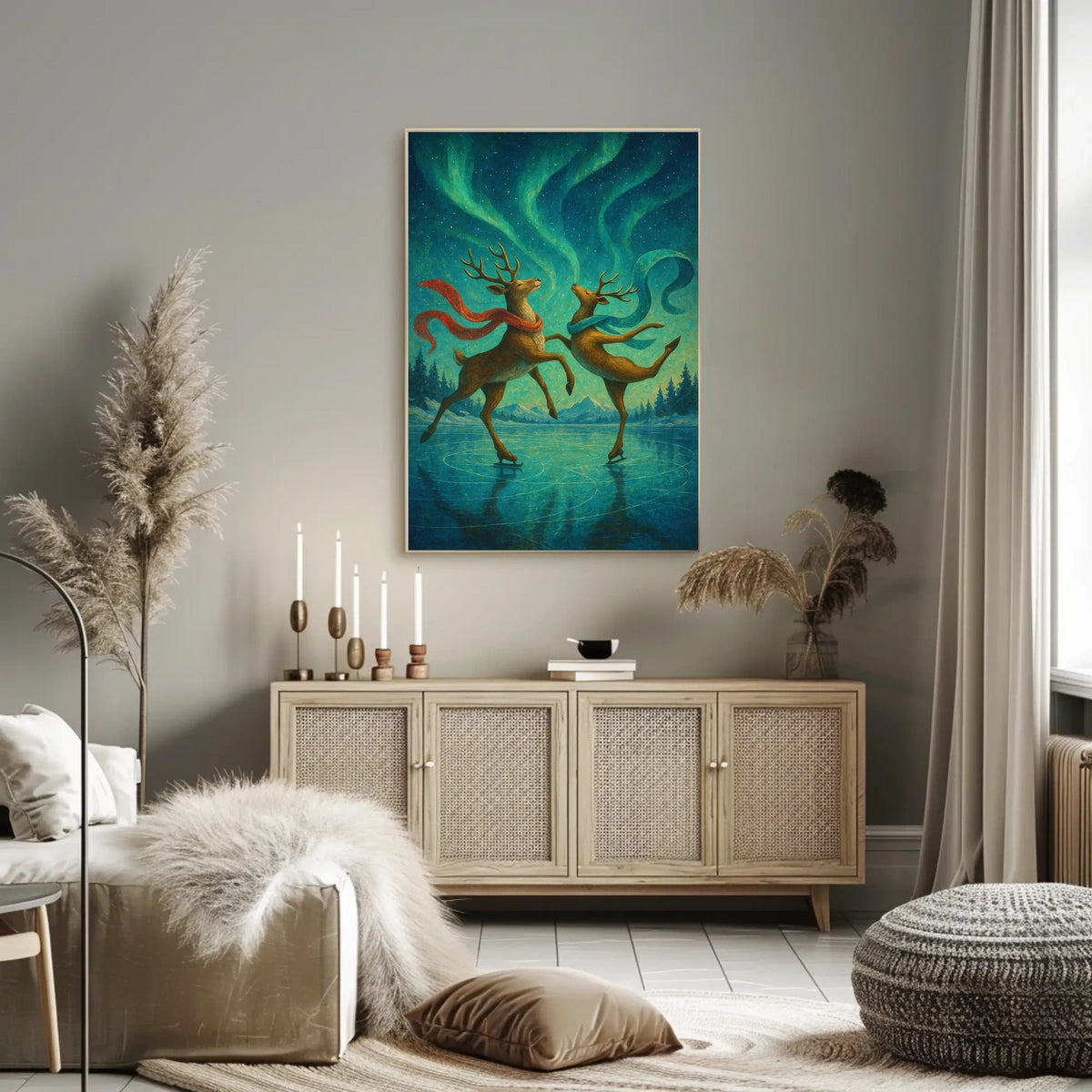 Whimsical Ice Skating Reindeer Northern Lights Fantasy Poster