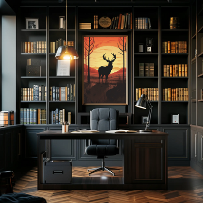 Sunset Forest Silhouette Deer Landscape Vintage Travel Poster