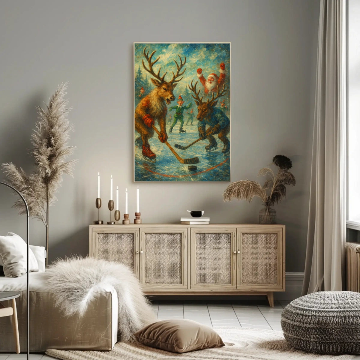 Festive Reindeer Ice Hockey in Winter Wonderland Sports Poster