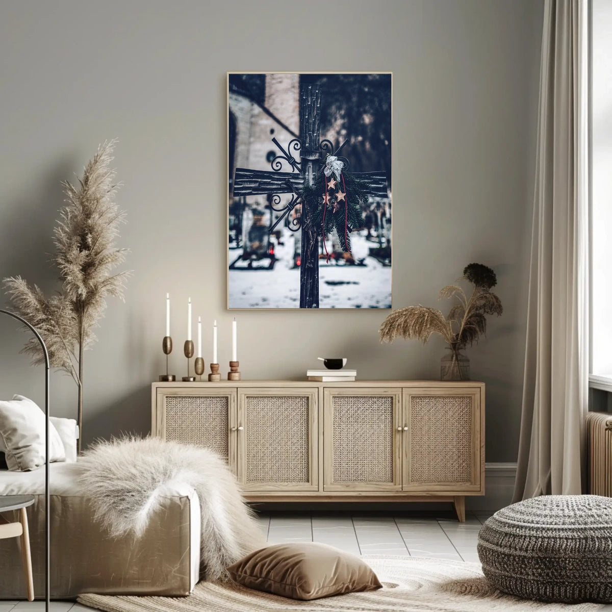 Winter Cemetery Scene with Wreath and Cross Poster