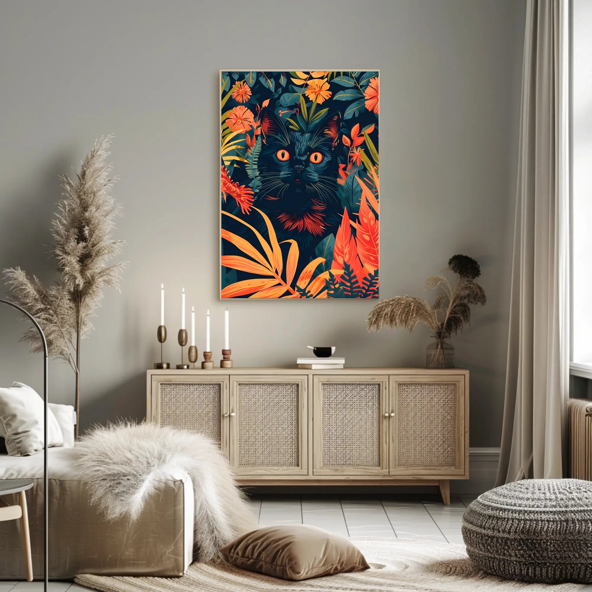 Striking Black Cat in Vibrant Jungle Animal Poster