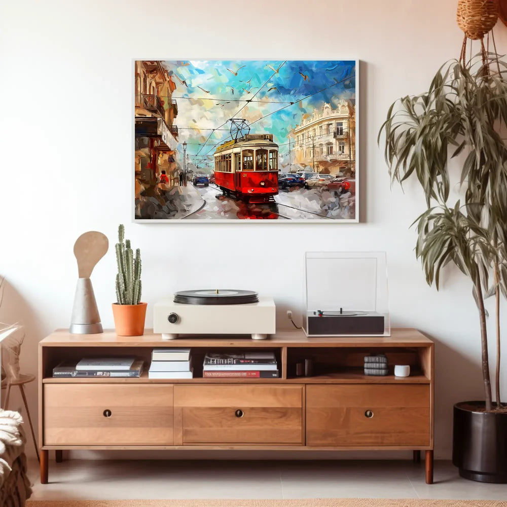 Vintage Tram Cityscape: Modern Impressionist Art Poster