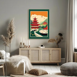 Title: Serene Asian Landscape with Culinary Fusion Poster