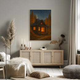 Serene Autumn Night Log Cabin Impressionism Digital Painting Starry Sky Cozy Hearth Poster
