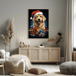 Golden Retriever Christmas Poster with Santa Hat