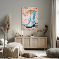 Blue Cowboy Boots Poster Vintage Floral Wall Art
