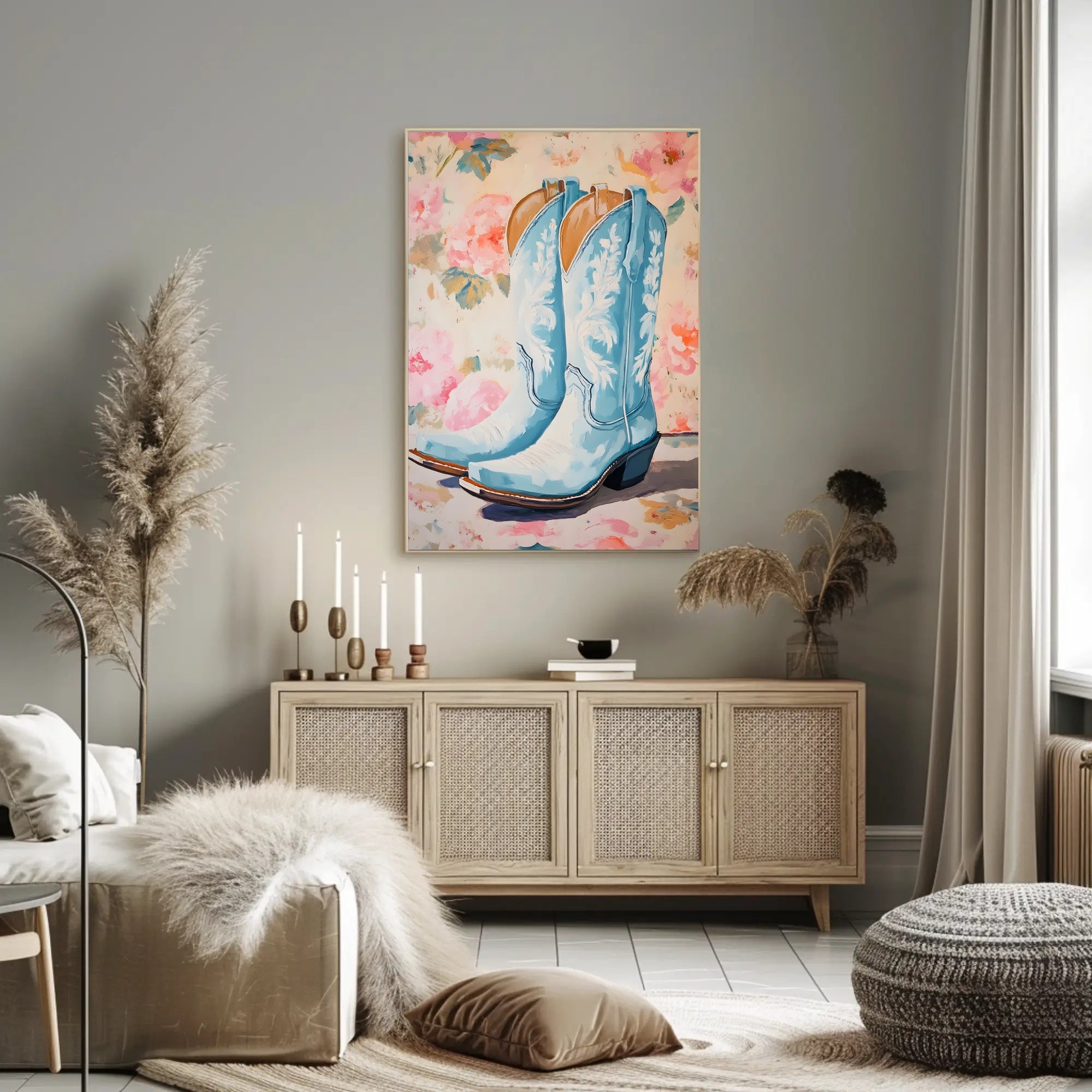 Blue Cowboy Boots Poster Vintage Floral Wall Art