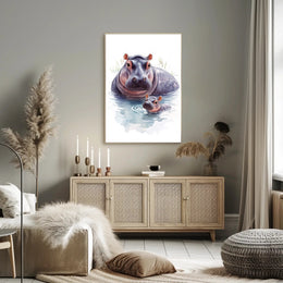 Mother and Baby Hippopotamus Digital Animal Poster
